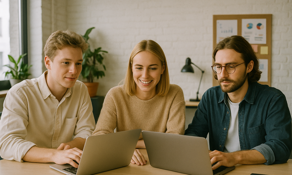 Marketingteam werkt samen aan laptops tijdens brainstorm