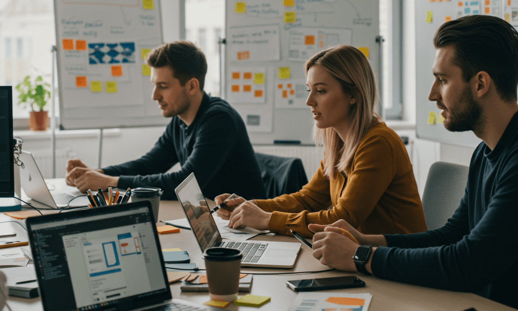 Marketingteam bespreekt strategie bij whiteboard en laptops