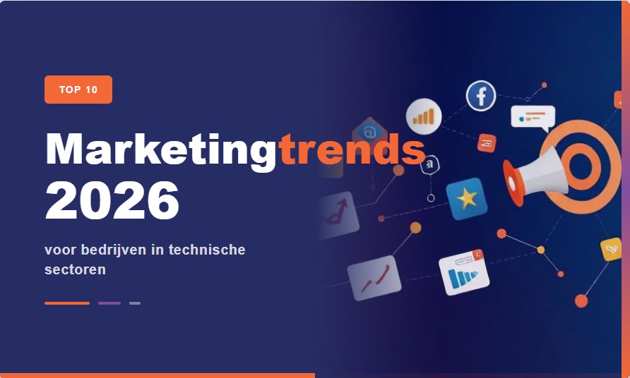 Marketingtrends 2026 voor technische bedrijven — illustratie met iconen van social media, grafieken en communicatie.